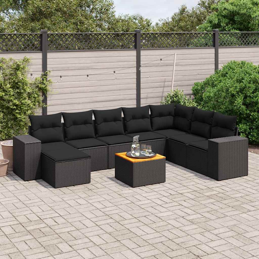 Salon de jardin 9 pcs avec coussins noir résine tressée