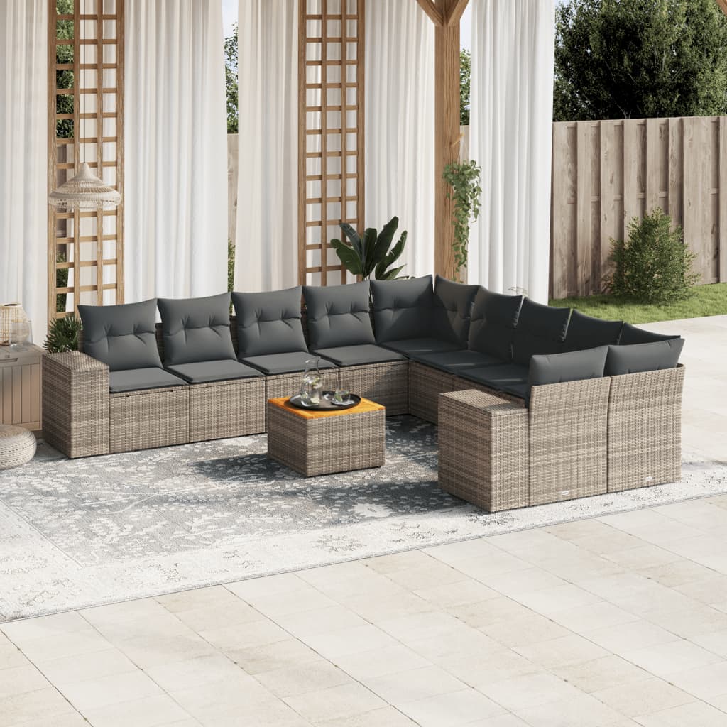 Salon de jardin 11 pcs avec coussins gris résine tressée