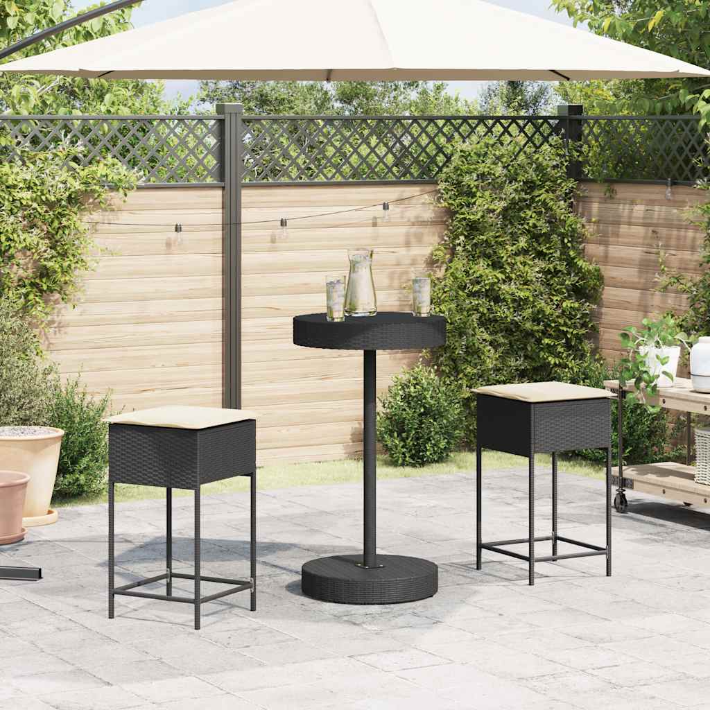 Ensemble de bar de jardin 3 pcs avec coussins noir poly rotin