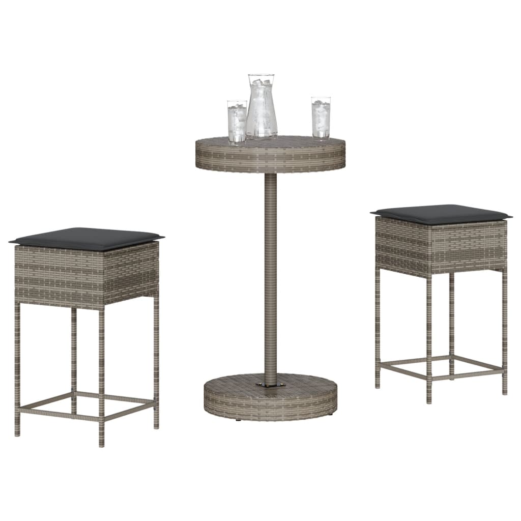 Ensemble de bar de jardin 3 pcs et coussins gris résine tressée