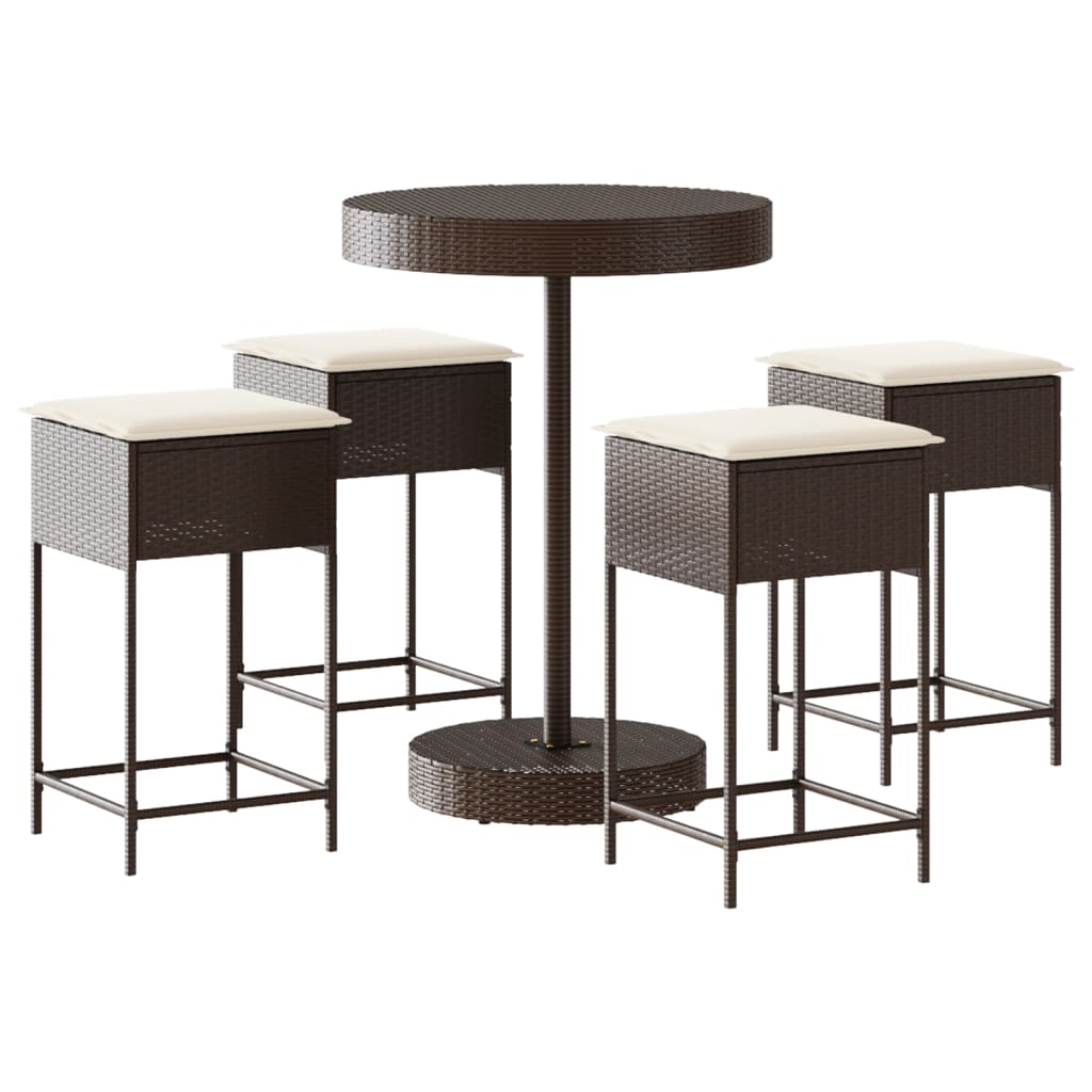 Ensemble de bar de jardin avec coussins 5 pcs marron poly rotin