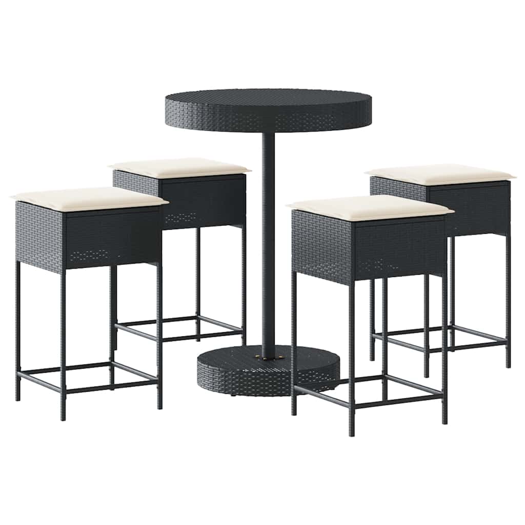 Ensemble de bar de jardin 5 pcs avec coussins noir poly rotin