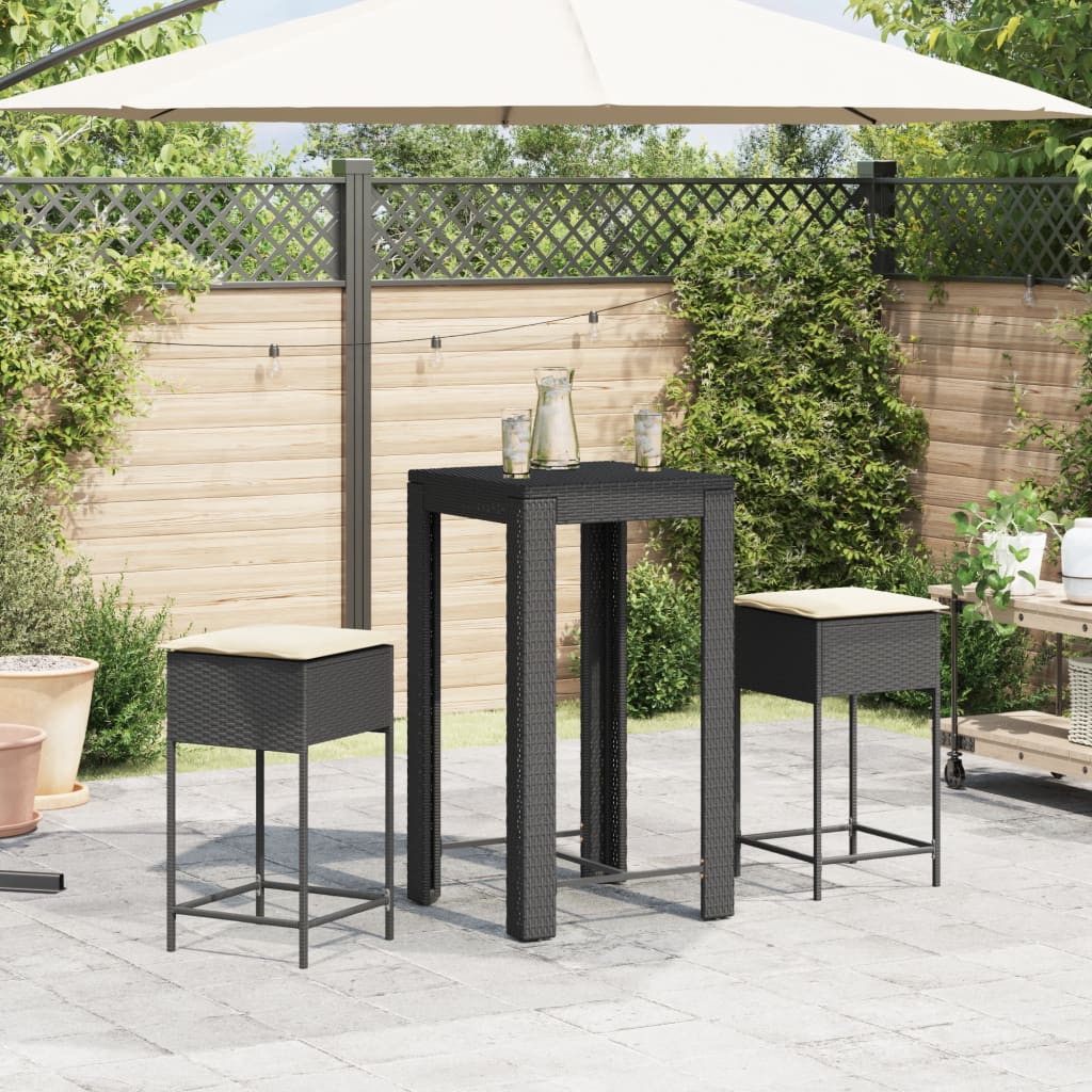 Ensemble de bar de jardin 3 pcs avec coussins noir poly rotin
