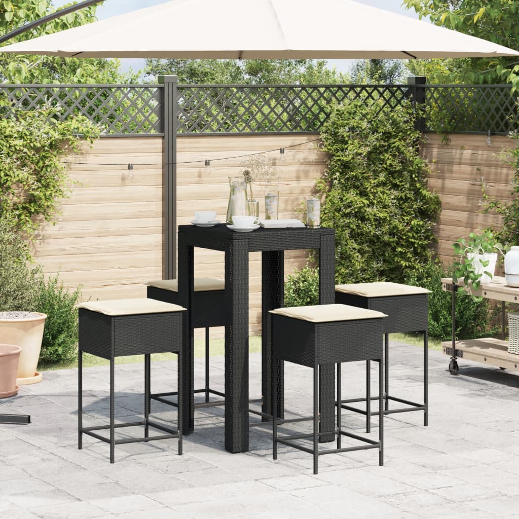 Ensemble de bar de jardin 5 pcs avec coussins noir poly rotin