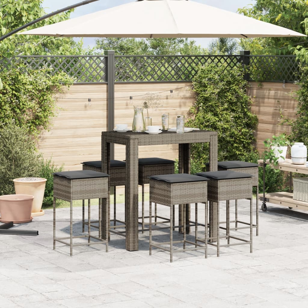 Ensemble de bar de jardin 7 pcs avec coussins gris poly rotin