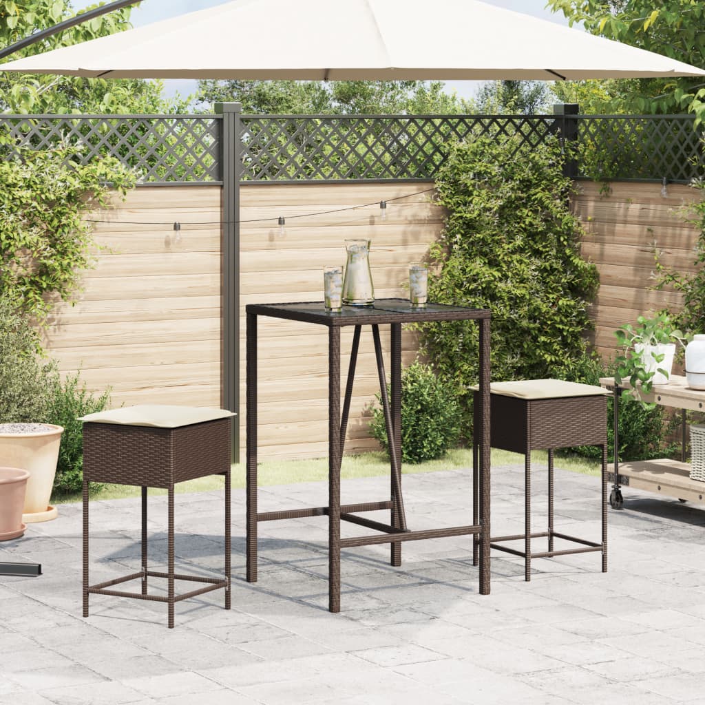 Ensemble de bar de jardin 3 pcs et coussins brun résine tressée