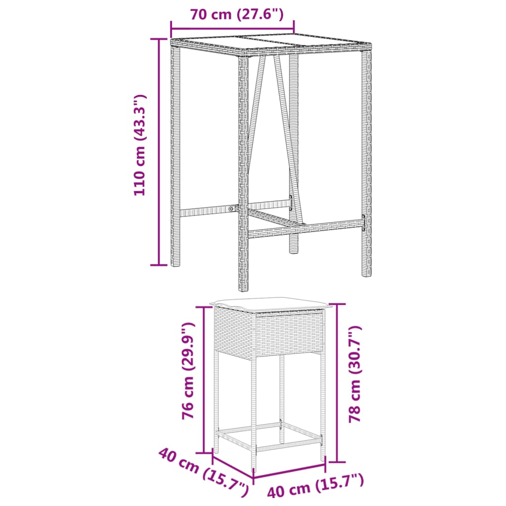 Ensemble de bar de jardin 3 pcs et coussins brun résine tressée