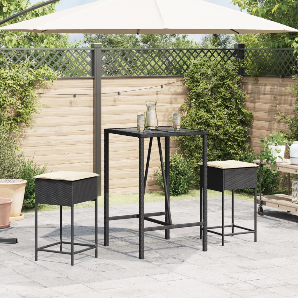 Ensemble de bar de jardin 3 pcs avec coussins noir poly rotin