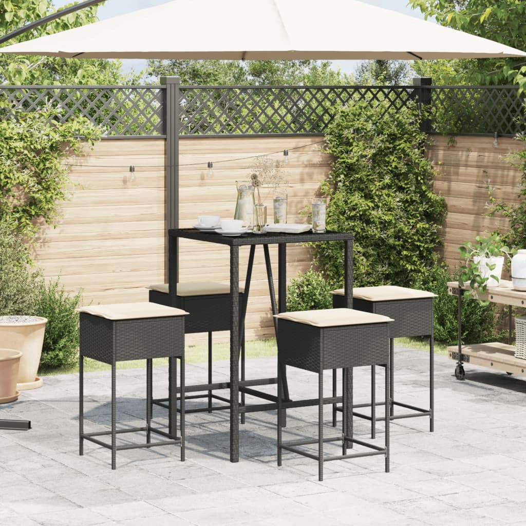 Ensemble de bar de jardin 5 pcs avec coussins noir poly rotin