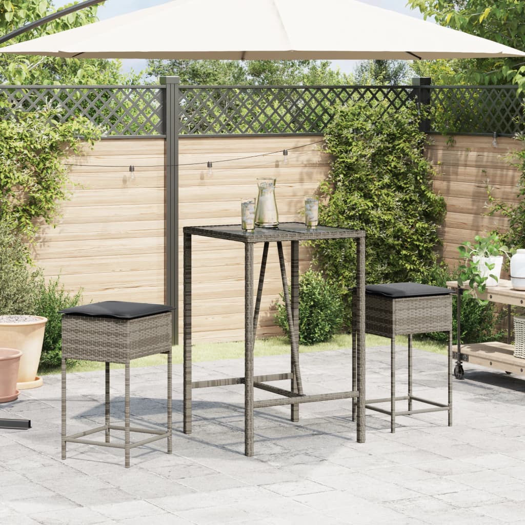 Ensemble de bar de jardin 3 pcs et coussins gris résine tressée