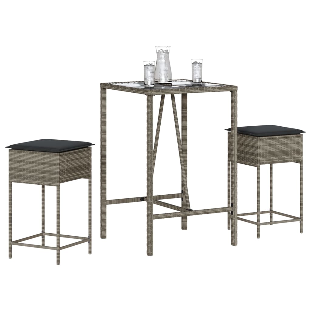 Ensemble de bar de jardin 3 pcs et coussins gris résine tressée