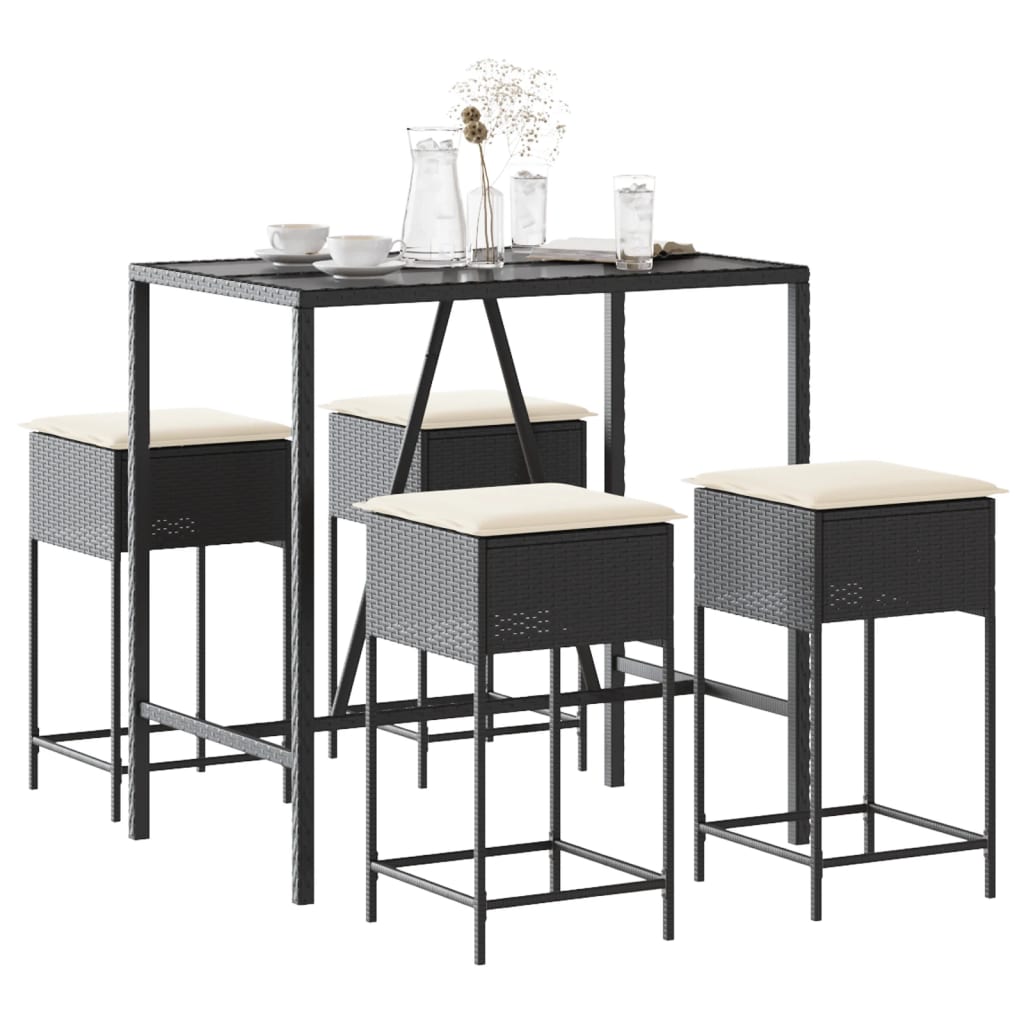 Ensemble de bar de jardin 5 pcs avec coussins noir poly rotin