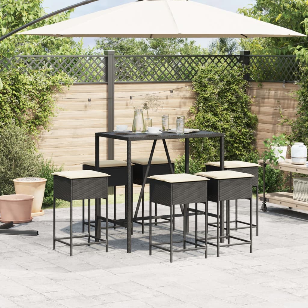 Ensemble de bar de jardin 7 pcs avec coussins noir poly rotin