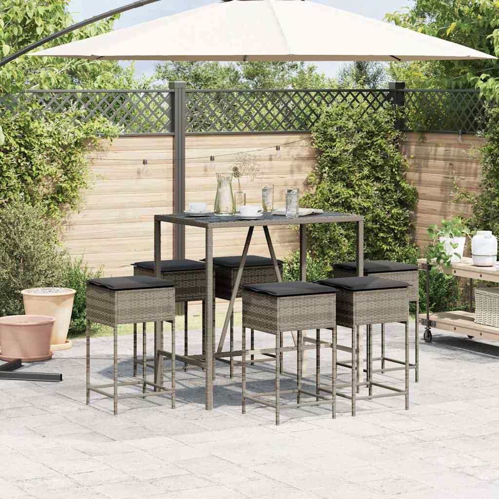 Ensemble de bar de jardin 7 pcs avec coussins gris poly rotin