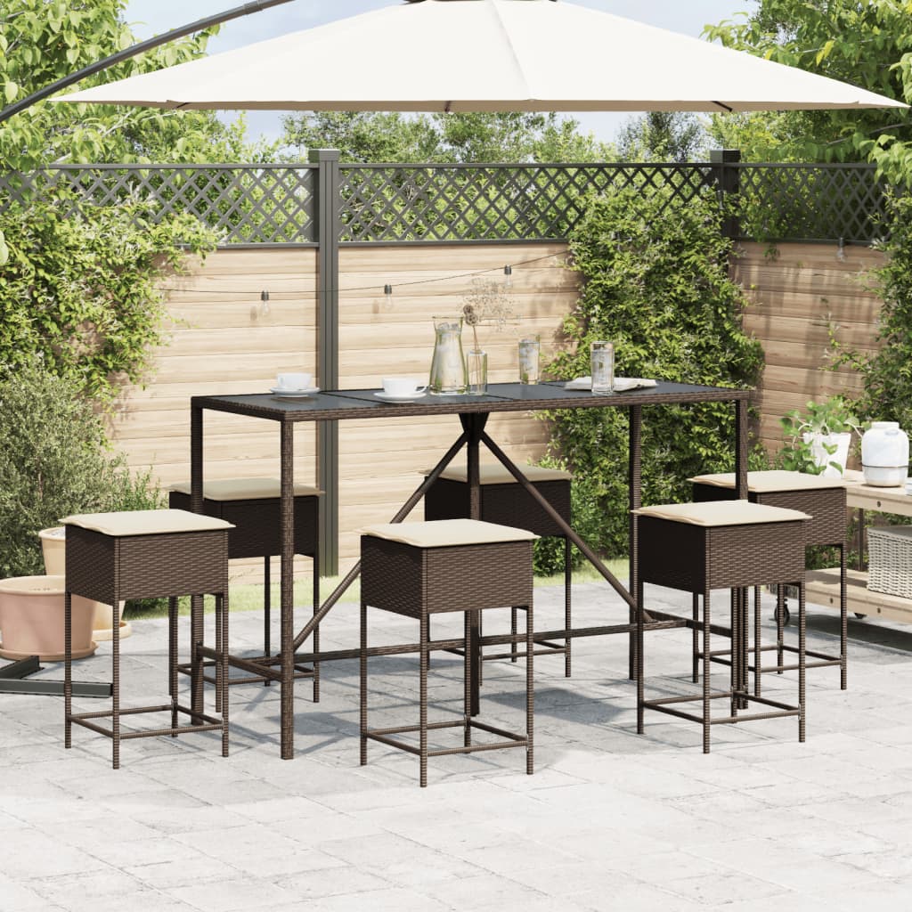 Ensemble de bar de jardin avec coussins 7 pcs marron poly rotin