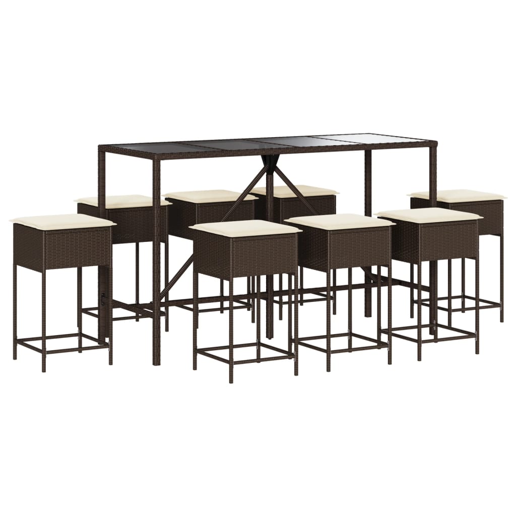 Ensemble de bar de jardin 9 pcs avec coussins marron poly rotin