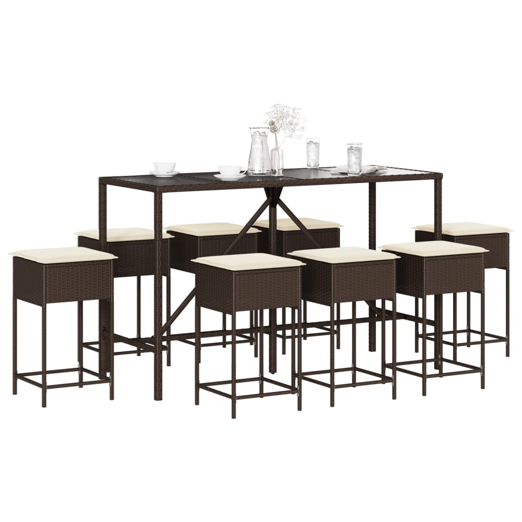 Ensemble de bar de jardin 9 pcs avec coussins marron poly rotin