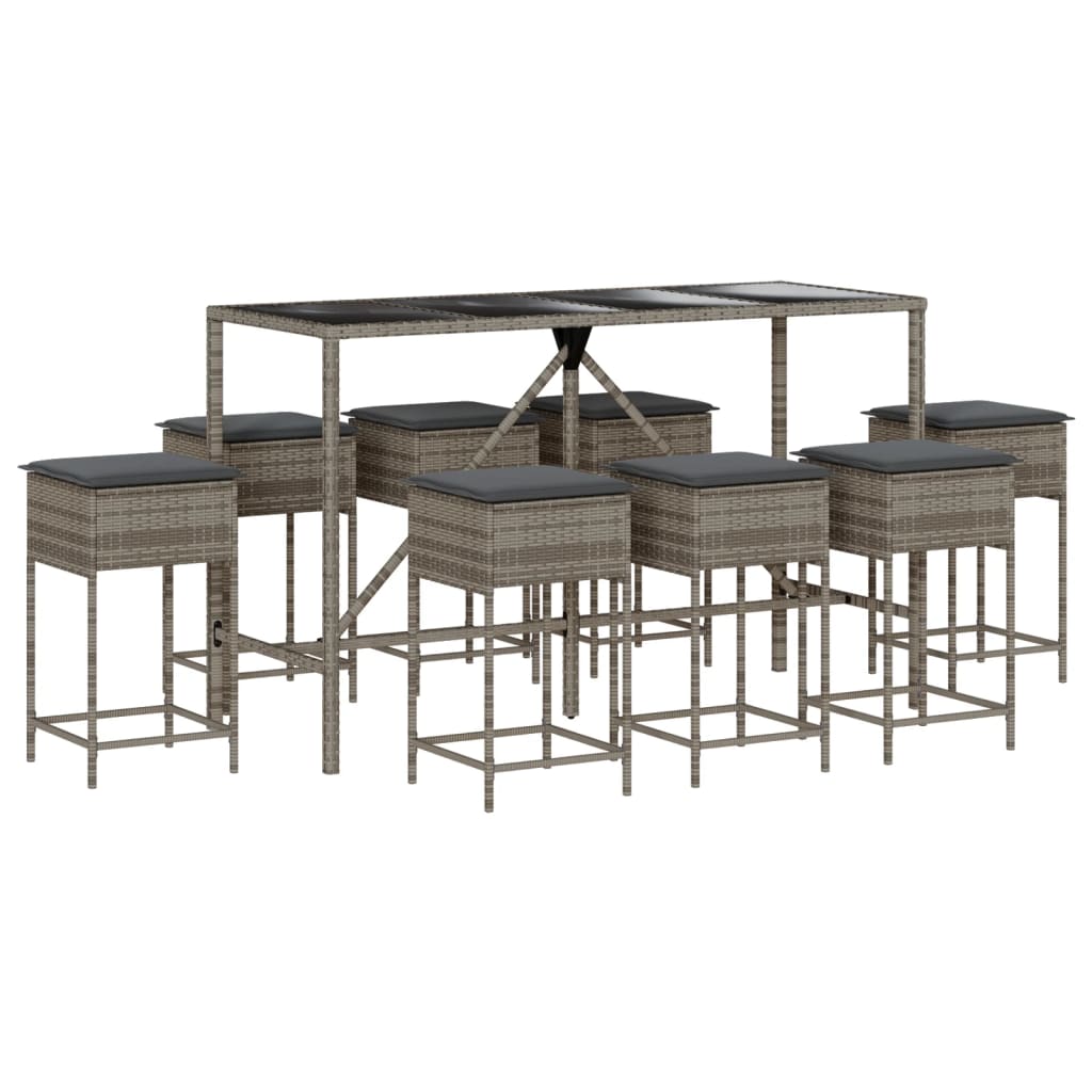 Ensemble de bar de jardin 9 pcs avec coussins gris poly rotin
