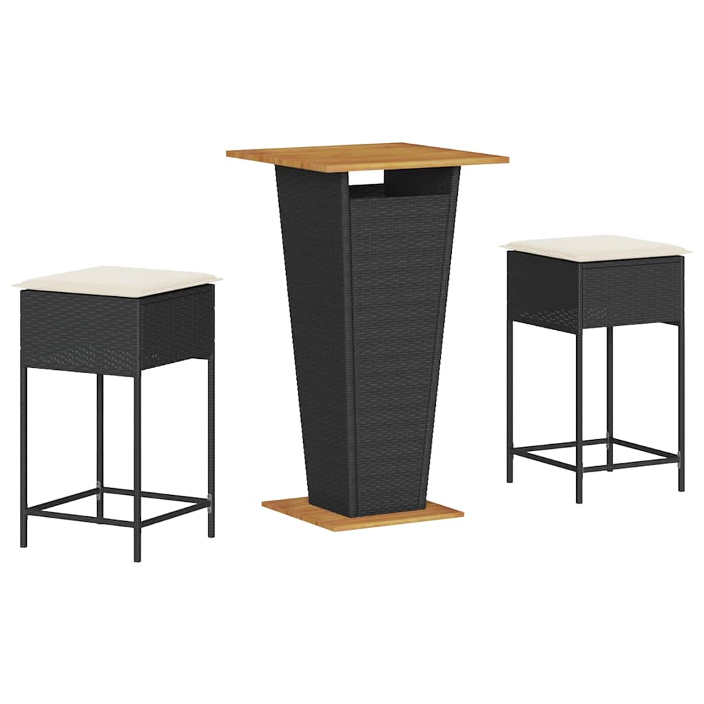 Ensemble de bar de jardin 3 pcs avec coussins noir poly rotin