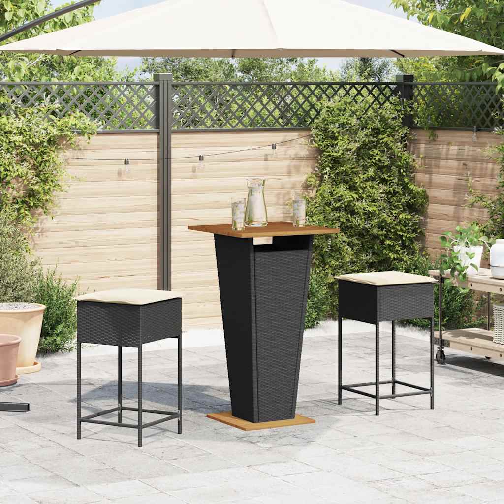Ensemble de bar de jardin 3 pcs avec coussins noir poly rotin