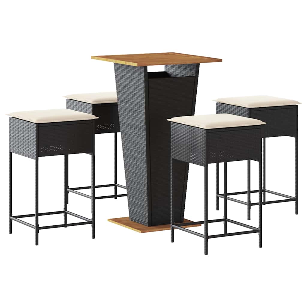 Ensemble de bar de jardin 5 pcs avec coussins noir poly rotin