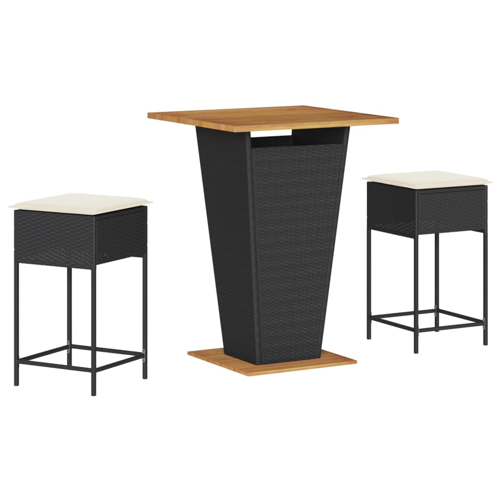 Ensemble de bar de jardin 3 pcs avec coussins noir poly rotin