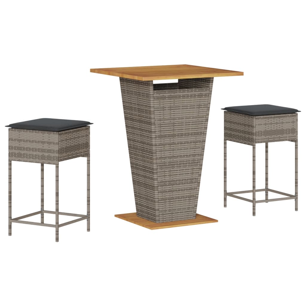 Ensemble de bar de jardin 3 pcs et coussins gris résine tressée