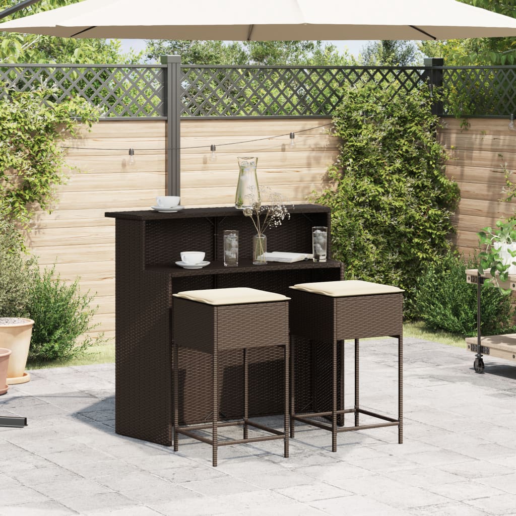 Ensemble de bar de jardin 3 pcs et coussins brun résine tressée