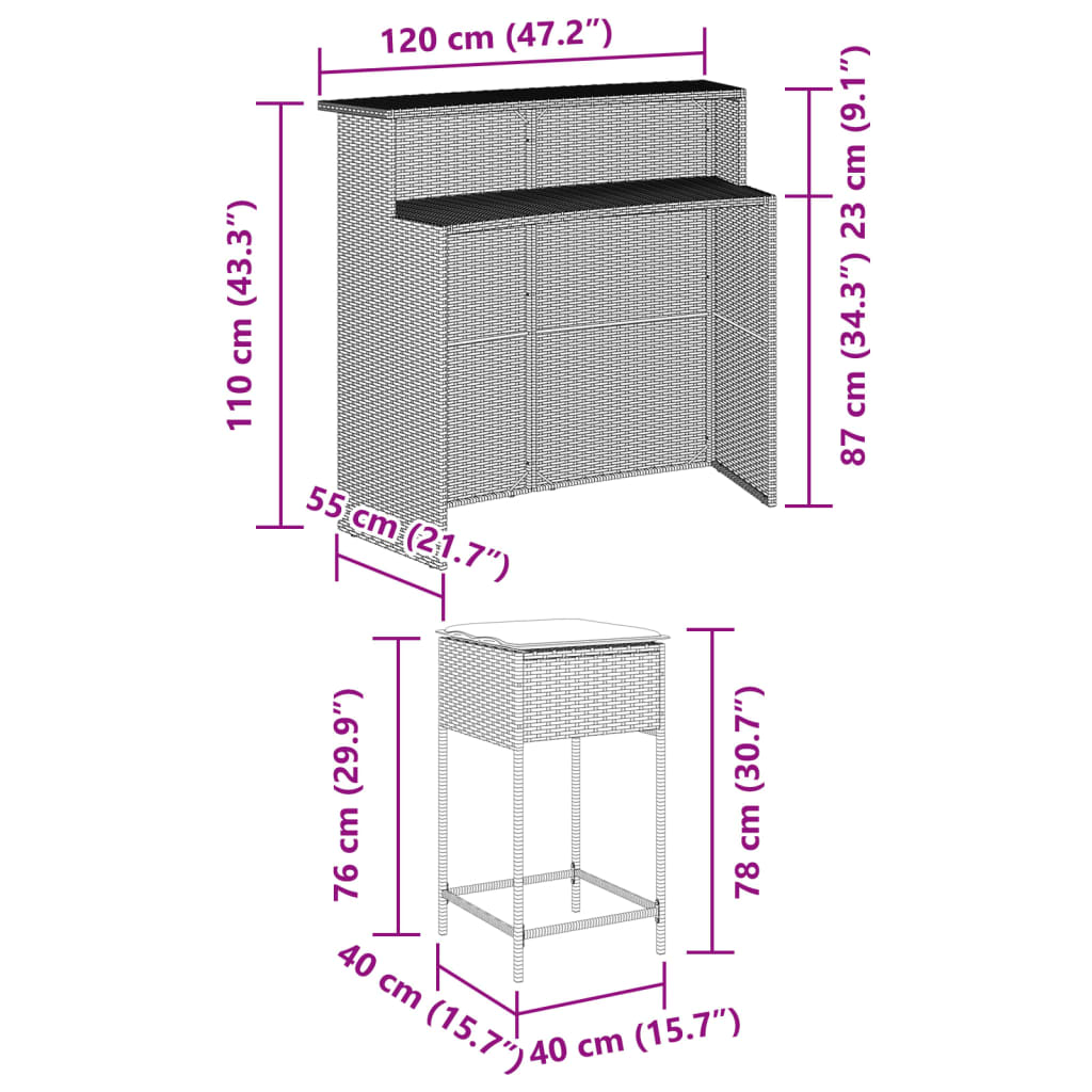 Ensemble de bar de jardin avec coussins 5 pcs marron poly rotin