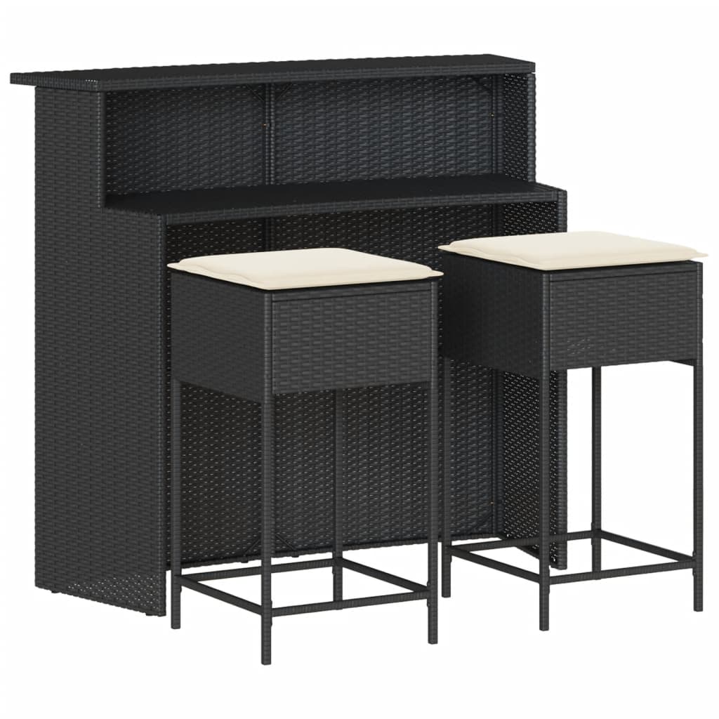 Ensemble de bar de jardin 3 pcs avec coussins noir poly rotin