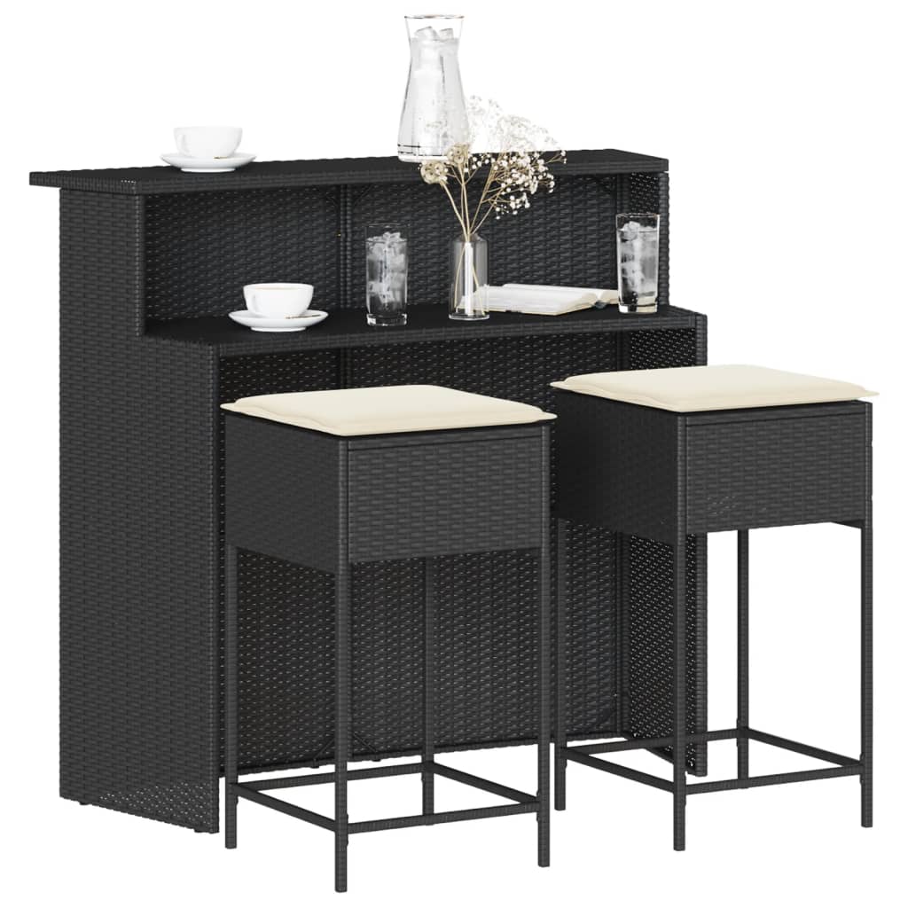 Ensemble de bar de jardin 3 pcs avec coussins noir poly rotin