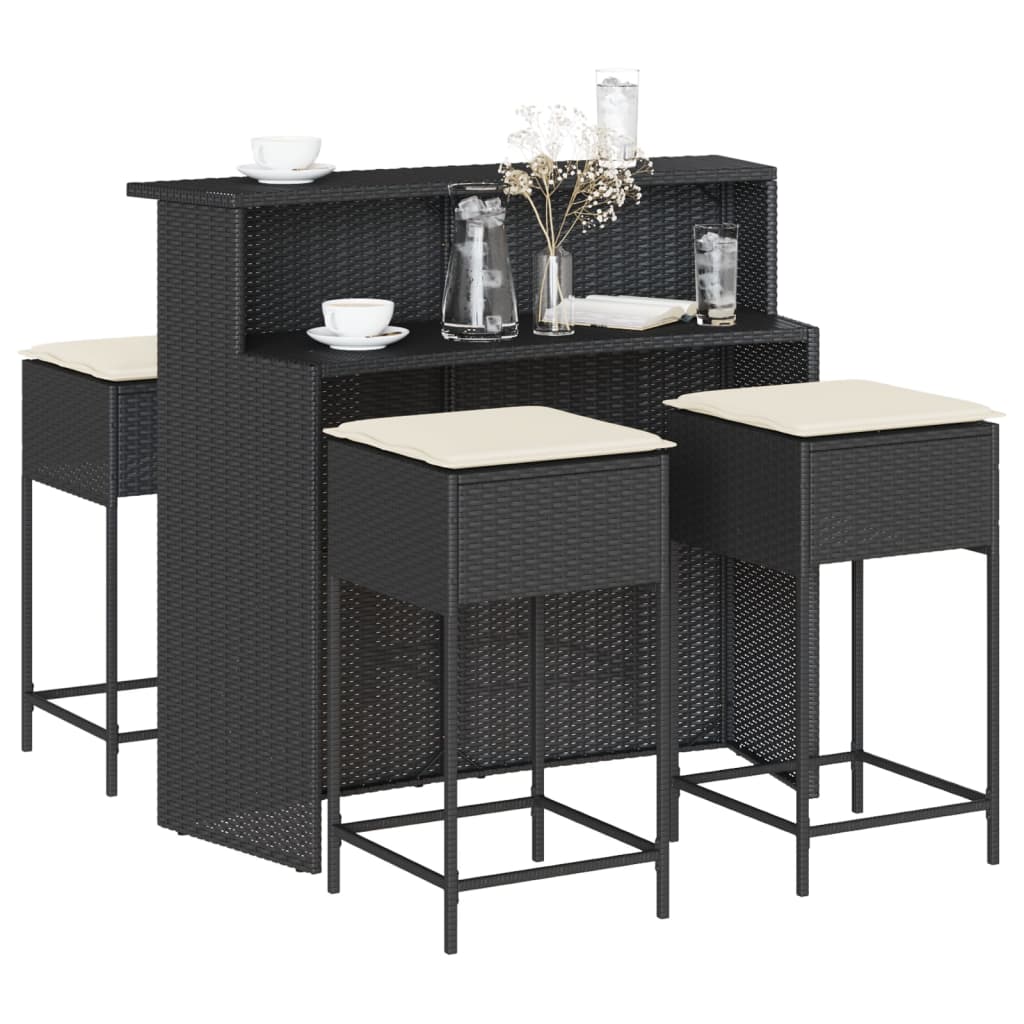Ensemble de bar de jardin 5 pcs avec coussins noir poly rotin