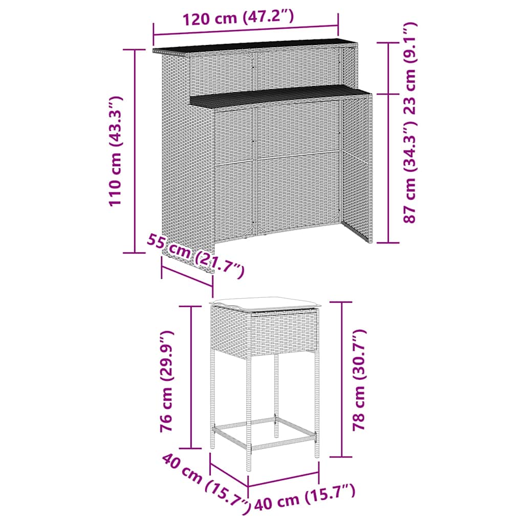 Ensemble de bar de jardin 3 pcs et coussins gris résine tressée