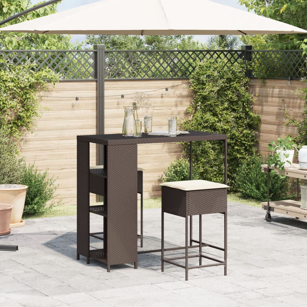 Ensemble de bar de jardin 3 pcs et coussins brun résine tressée