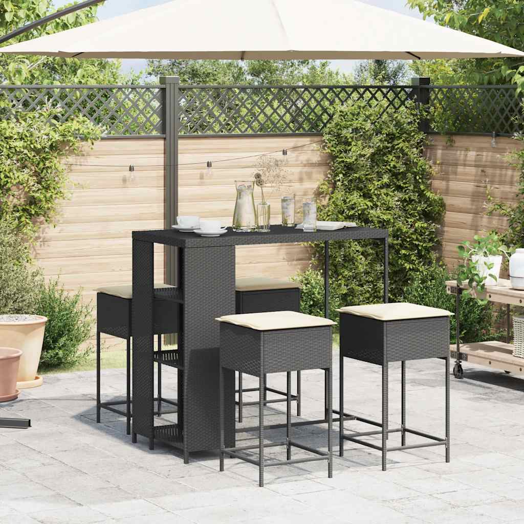 Ensemble de bar de jardin 5 pcs avec coussins noir poly rotin