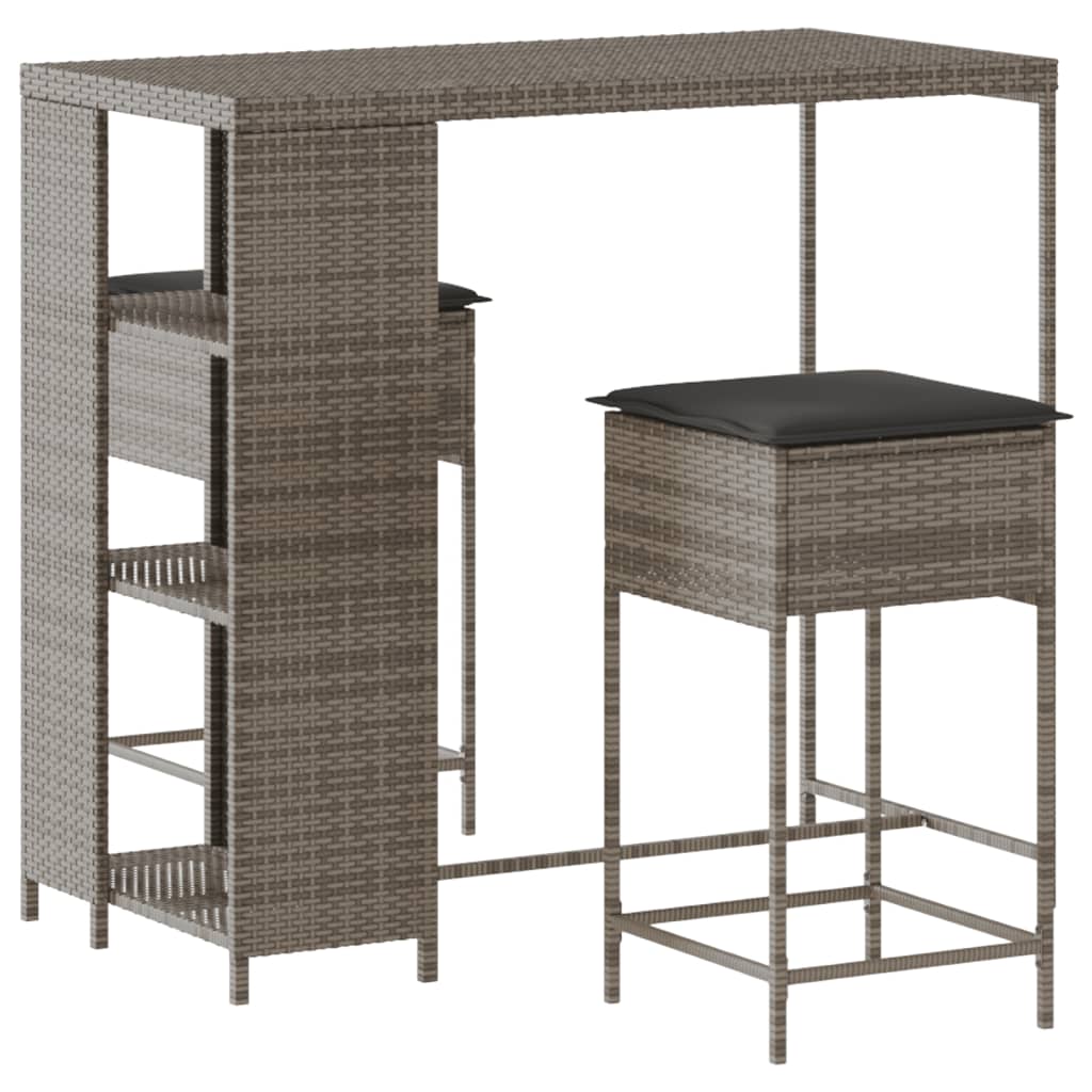 Ensemble de bar de jardin 3 pcs et coussins gris résine tressée
