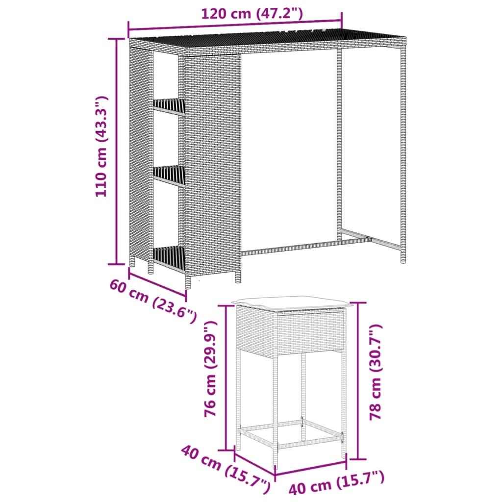 Ensemble de bar de jardin 3 pcs et coussins gris résine tressée