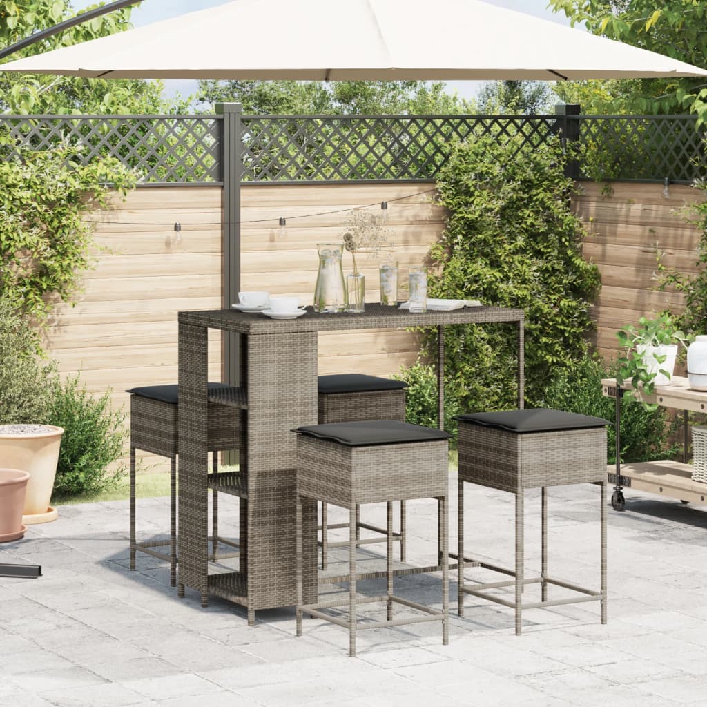 Ensemble de bar de jardin 5 pcs avec coussins gris poly rotin