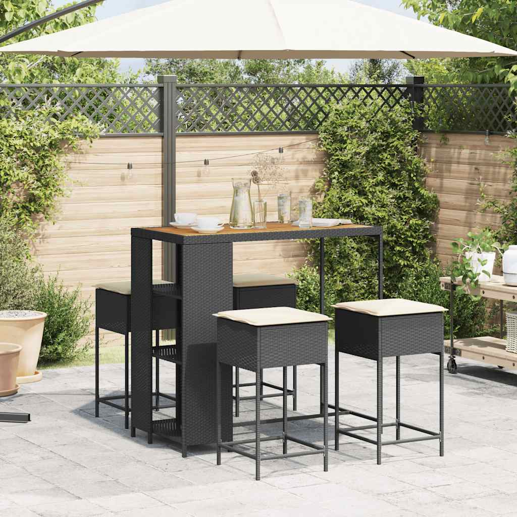 Ensemble de bar de jardin 5 pcs avec coussins noir poly rotin