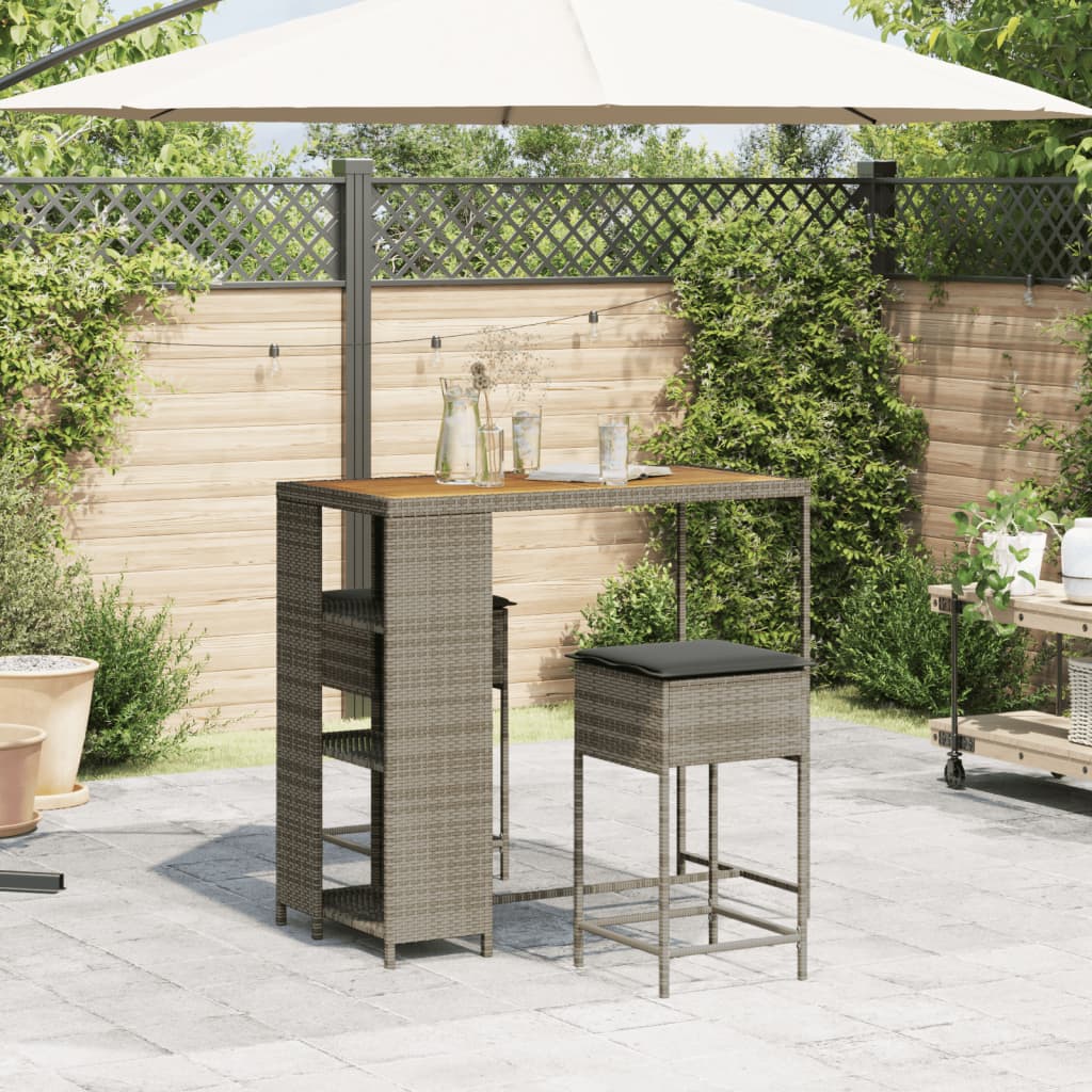 Ensemble de bar de jardin 3 pcs et coussins gris résine tressée