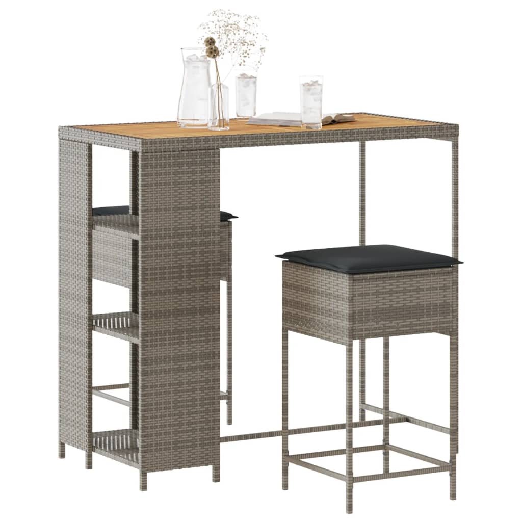 Ensemble de bar de jardin 3 pcs et coussins gris résine tressée