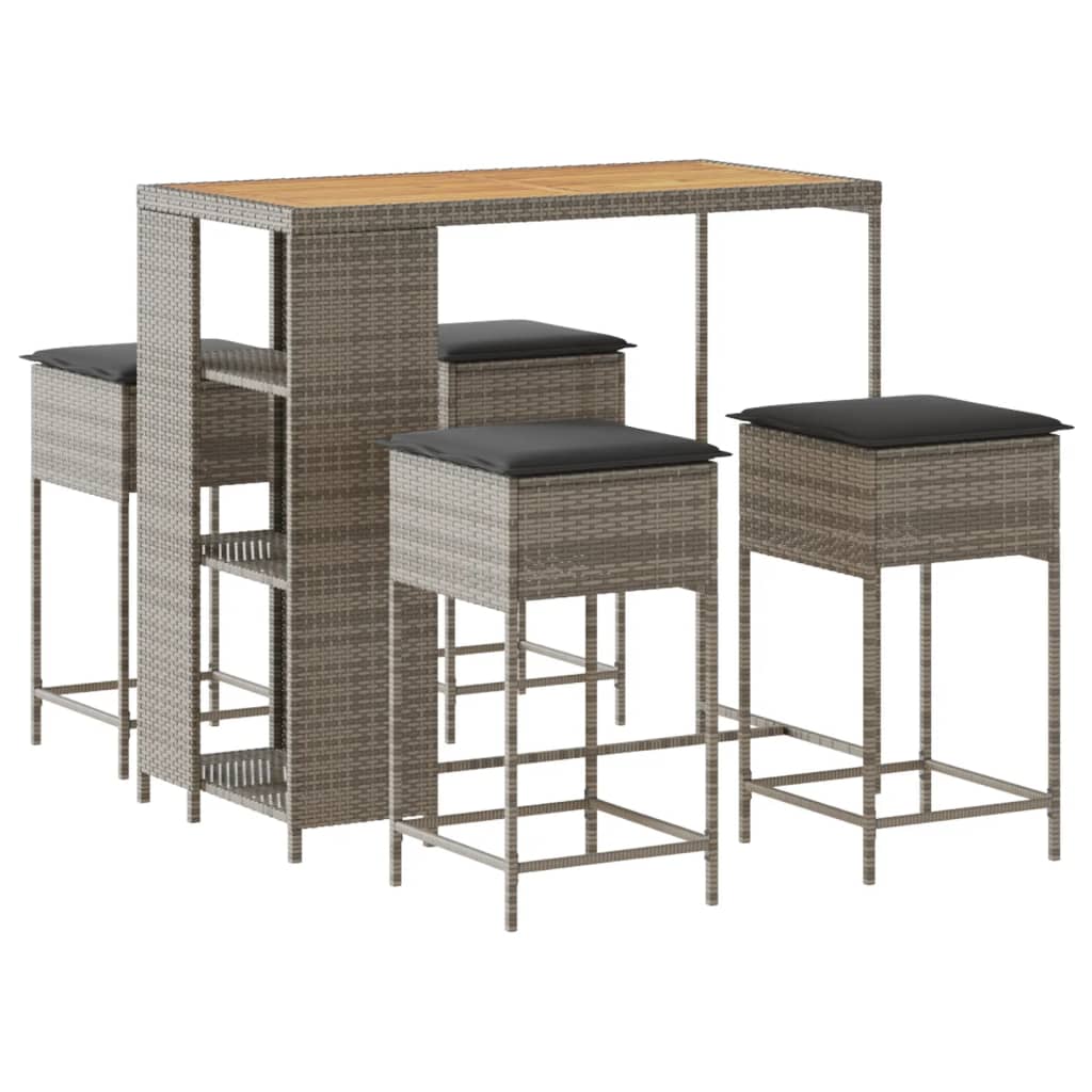 Ensemble de bar de jardin 5 pcs avec coussins gris poly rotin