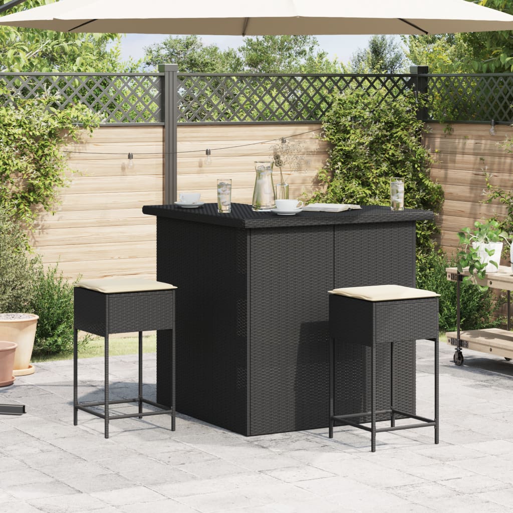 Ensemble de bar de jardin 3 pcs avec coussins noir poly rotin