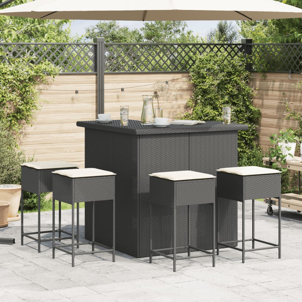 Ensemble de bar de jardin 5 pcs avec coussins noir poly rotin