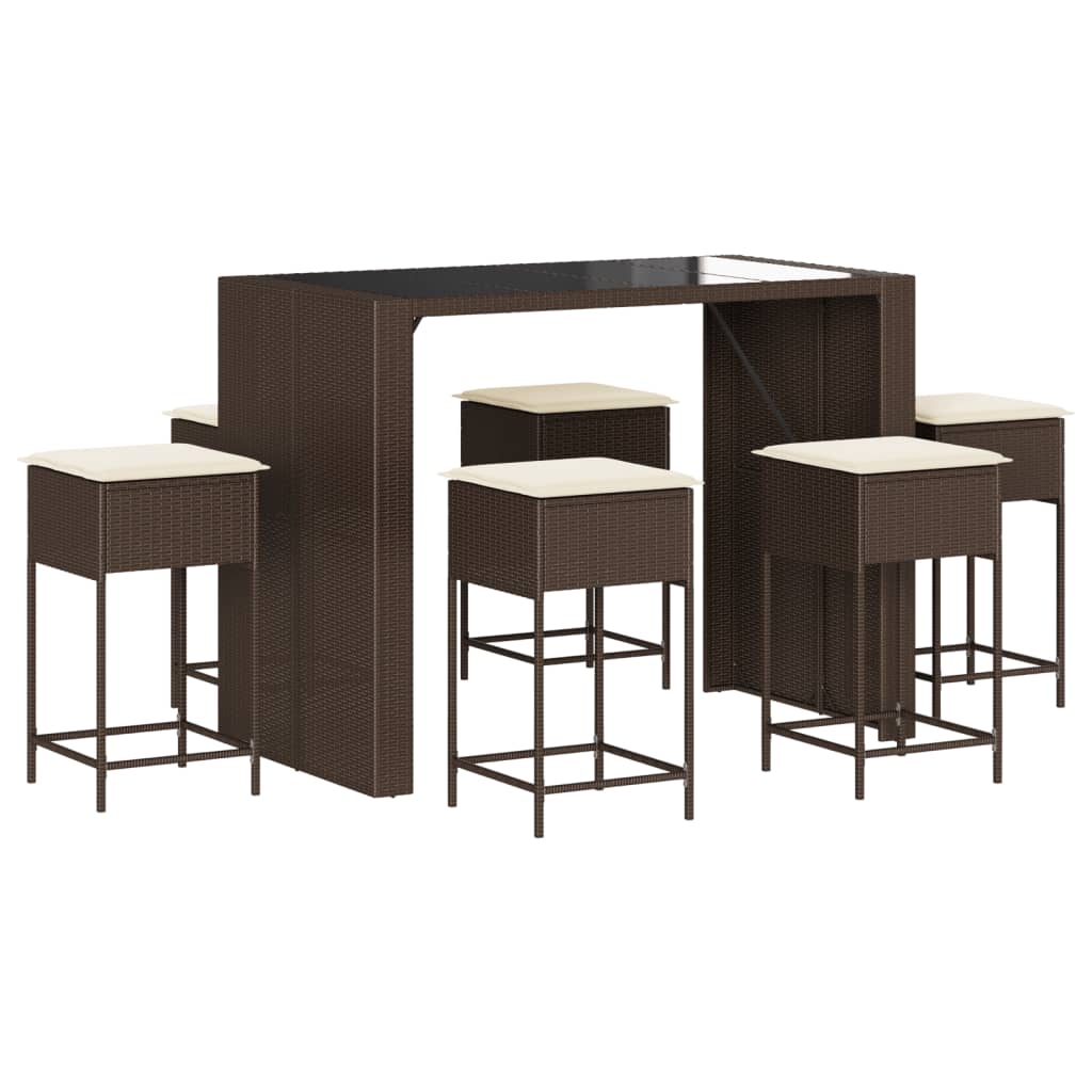 Ensemble de bar de jardin avec coussins 7 pcs marron poly rotin