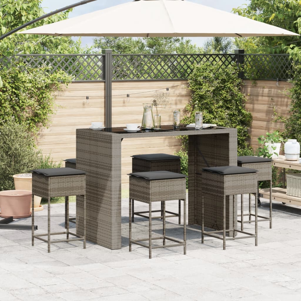 Ensemble de bar de jardin 7 pcs avec coussins gris poly rotin