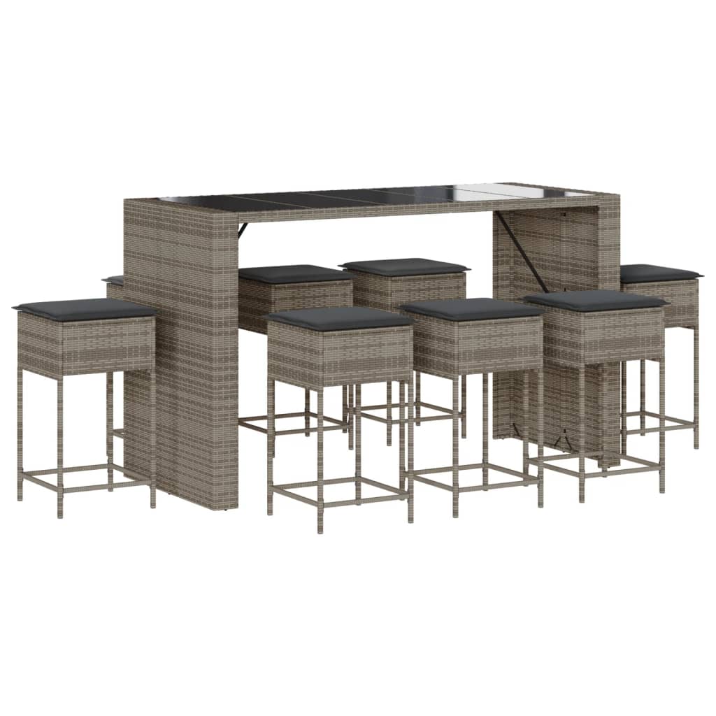 Ensemble de bar de jardin 9 pcs avec coussins gris poly rotin