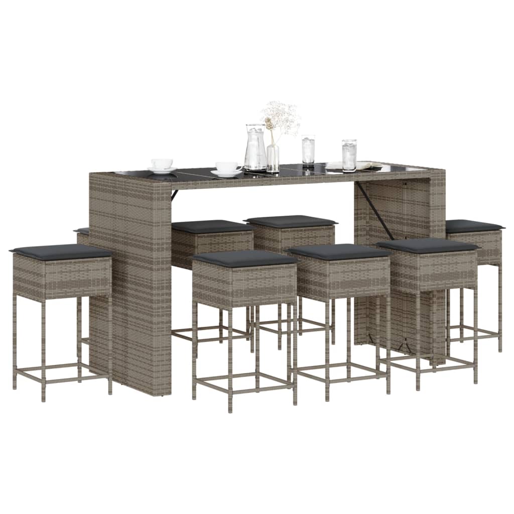 Ensemble de bar de jardin 9 pcs avec coussins gris poly rotin