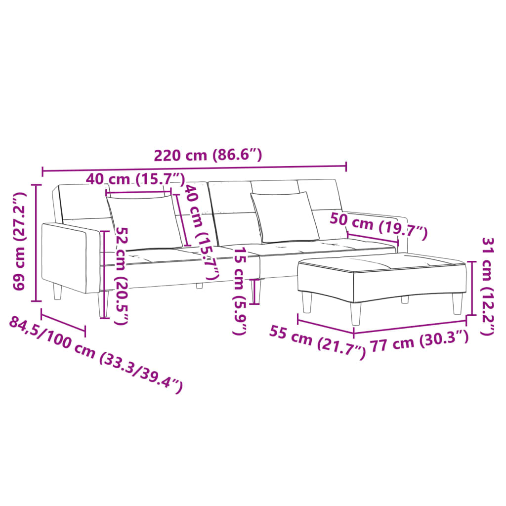 Canapé-lit à 2 places avec repose-pied gris clair tissu - XIOS