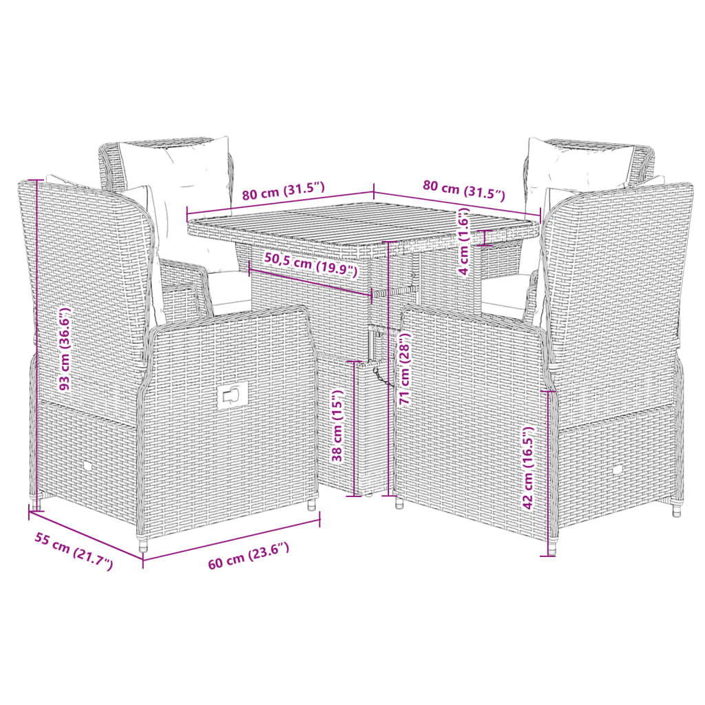 Ensemble à manger de jardin coussins 5pcs Noir Résine tressée